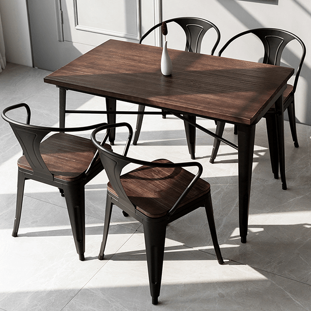 Table à manger en bois massif combinaison de table en fer forgé et de chaise