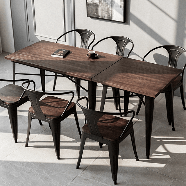 Table à manger en bois massif combinaison de table en fer forgé et de chaise